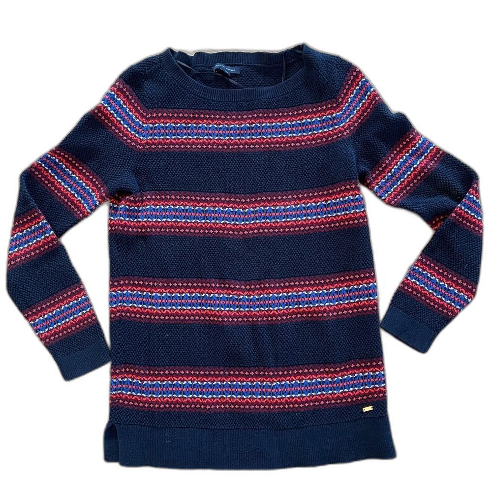Tommy Hilfiger 100% Cotton Navy Striped Fair Isle Sweater Light Weight Size S